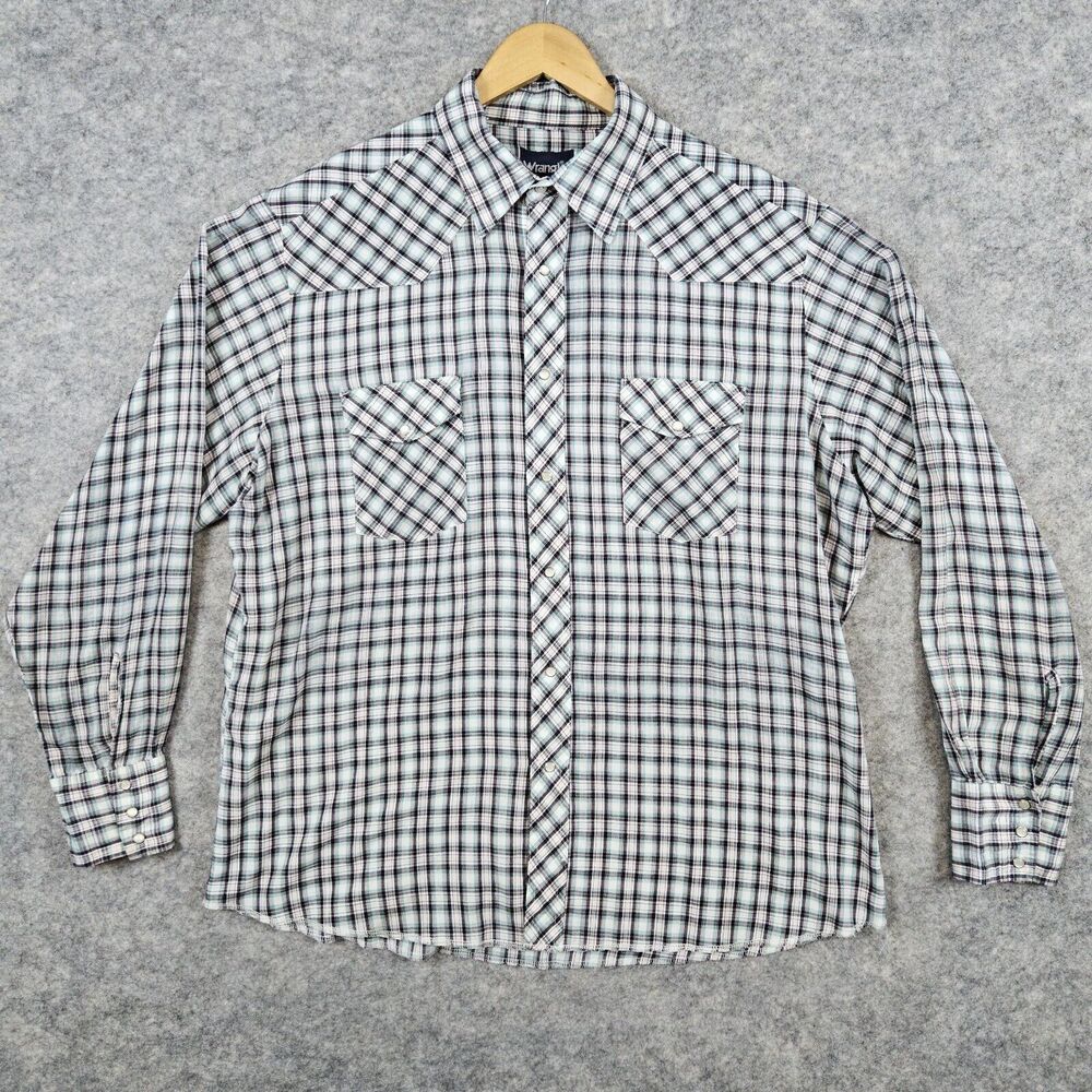 Wrangler Turquoise & Black Plaid Size XL Pearl Snap Windowpane Long Sleeve Shirt